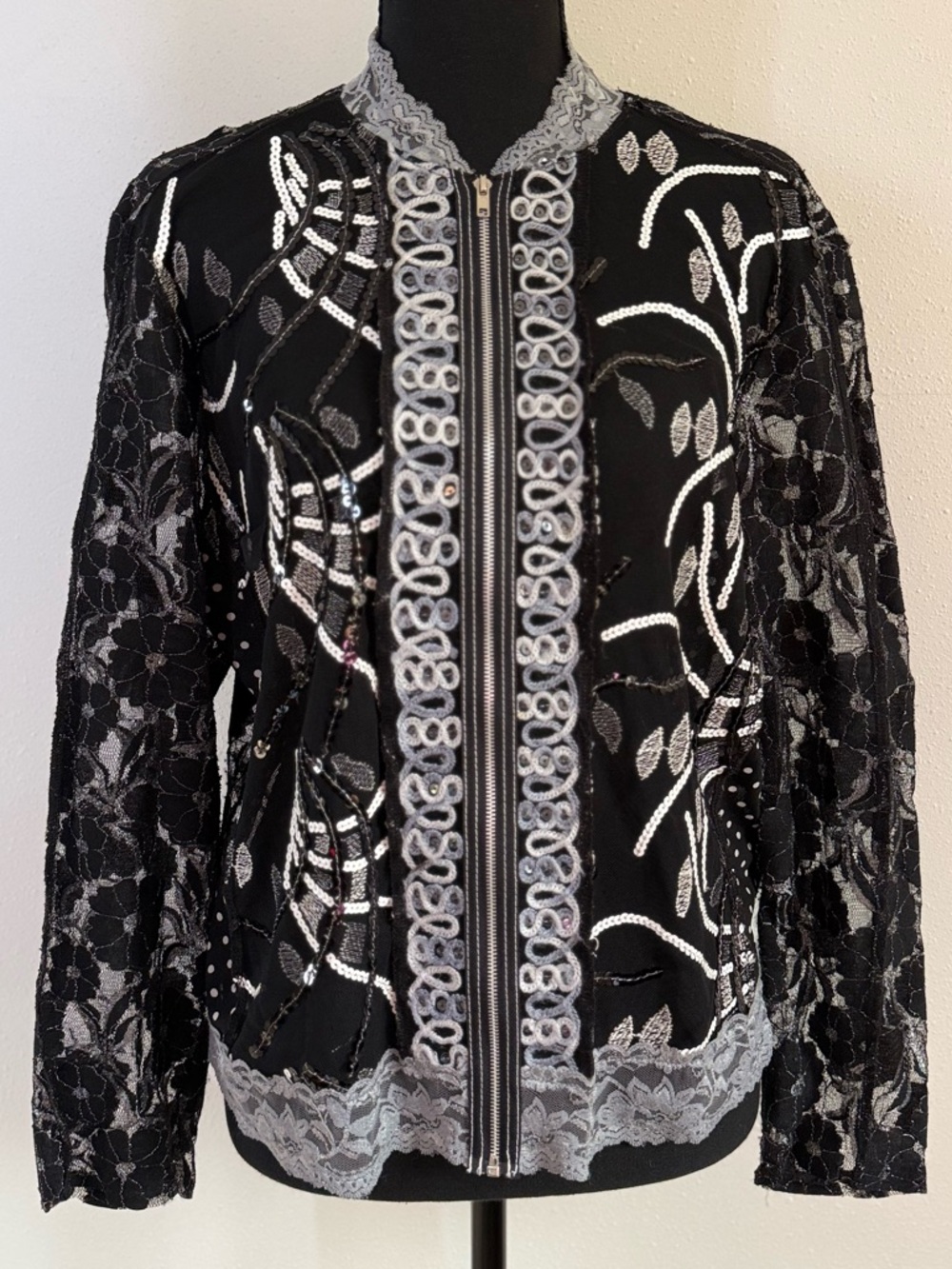 Jaipur Lace Sequin Beaded Jacket Black Zip Cropped Statement Top